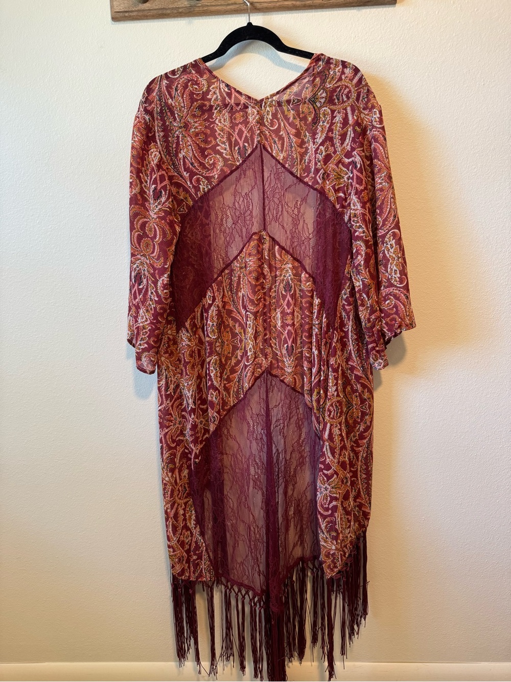 Xhilaration Burgundy Paisley Lace Fringe Kimono